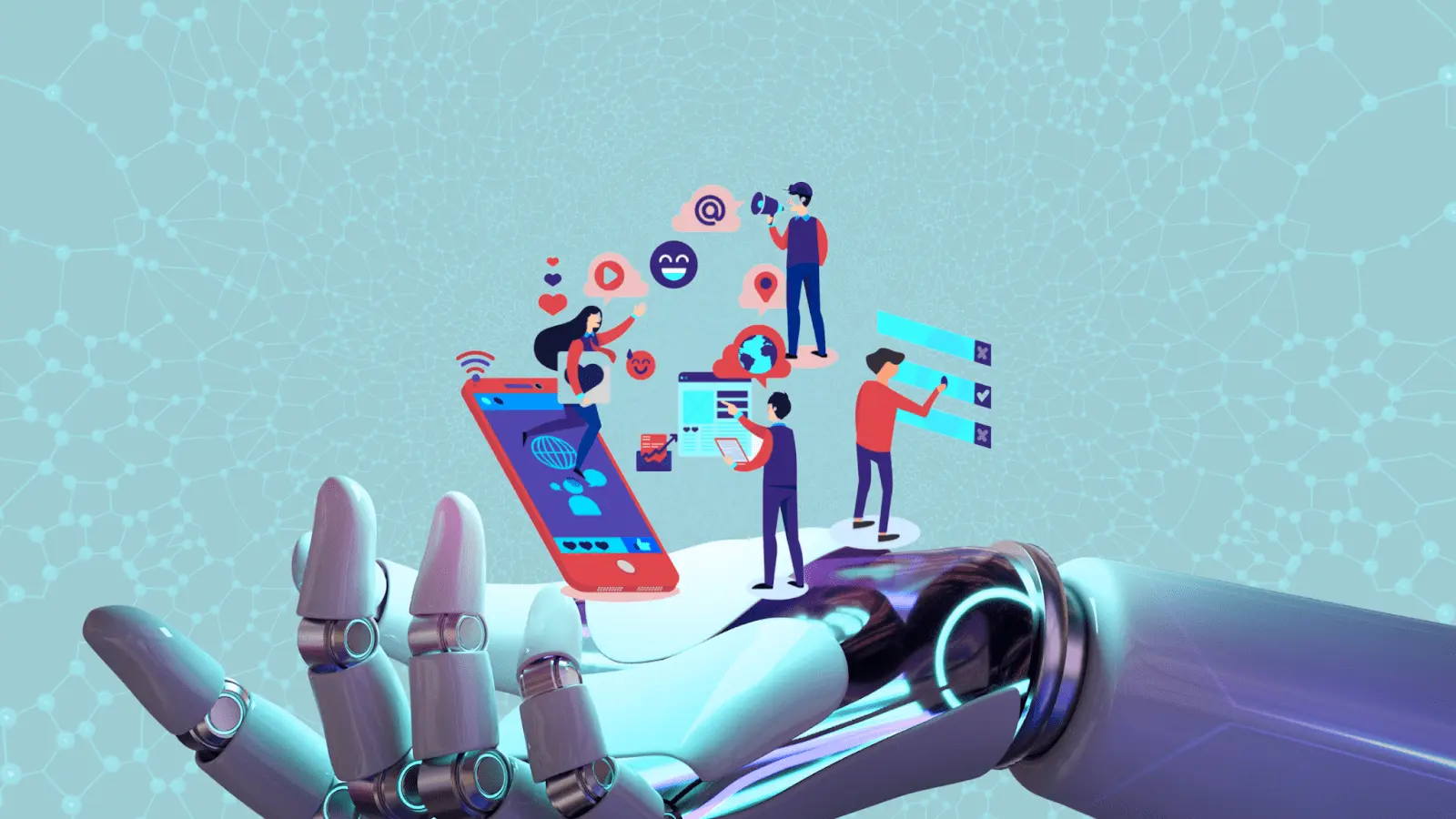 An animated robot hand representing AI holding cartoon images of people engaging with social media and content creation