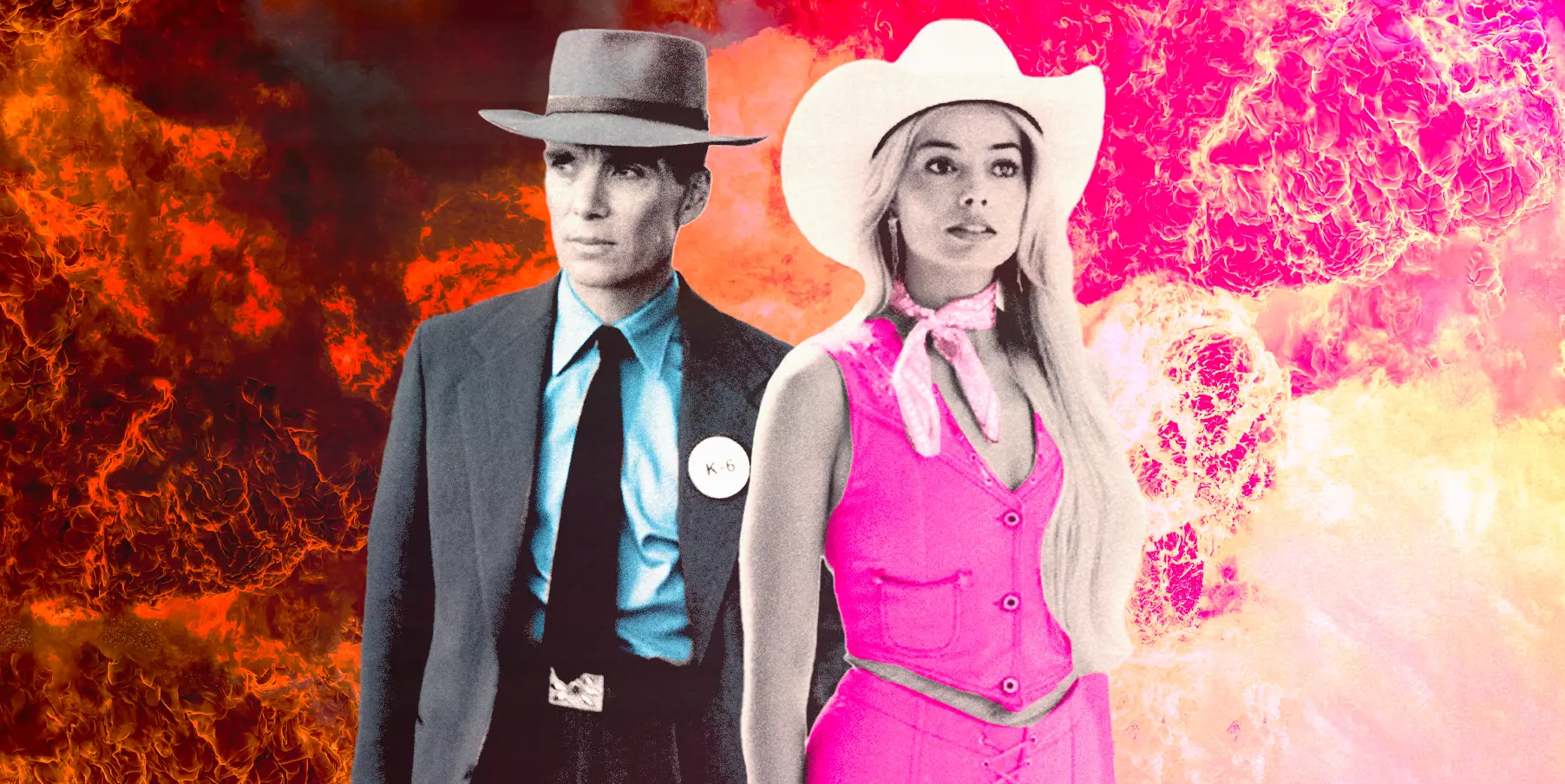 J. Robert Oppenheimer (played by Cillian Murphy) and Barbie (played by Margot Robbie) standing in front of a red and pink explosion, with the duo often being refered to as Barbenheimer.